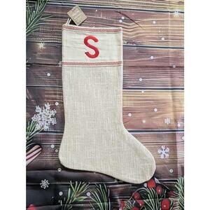 NEW Letter "S" Embroidered Beige Burlap Shimmer Christmas Stocking 20" Holiday